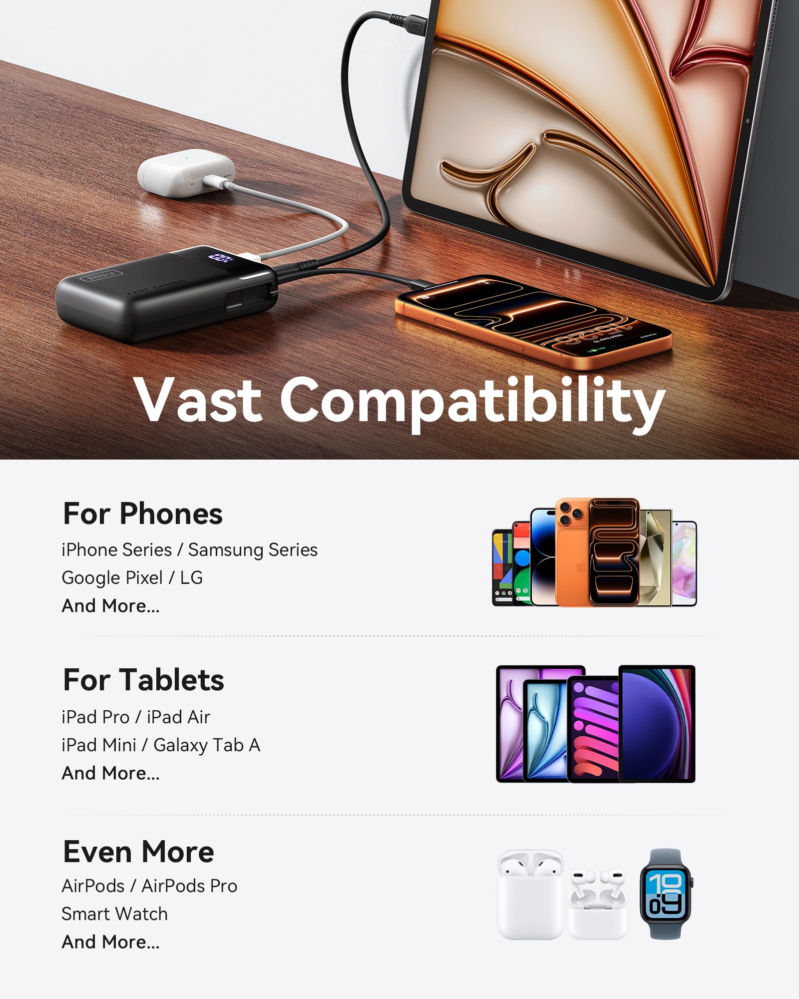 INIU 20000mAh Power Bank, Small Portable Charger, 45W PD Fast Charging Battery Pack with Build in USB-C Cable, Travel Phone Charger for iPhone 17 16 15 14 13 Air Samsung S25 S24 Google iPad Xiaomi etc - Image 6