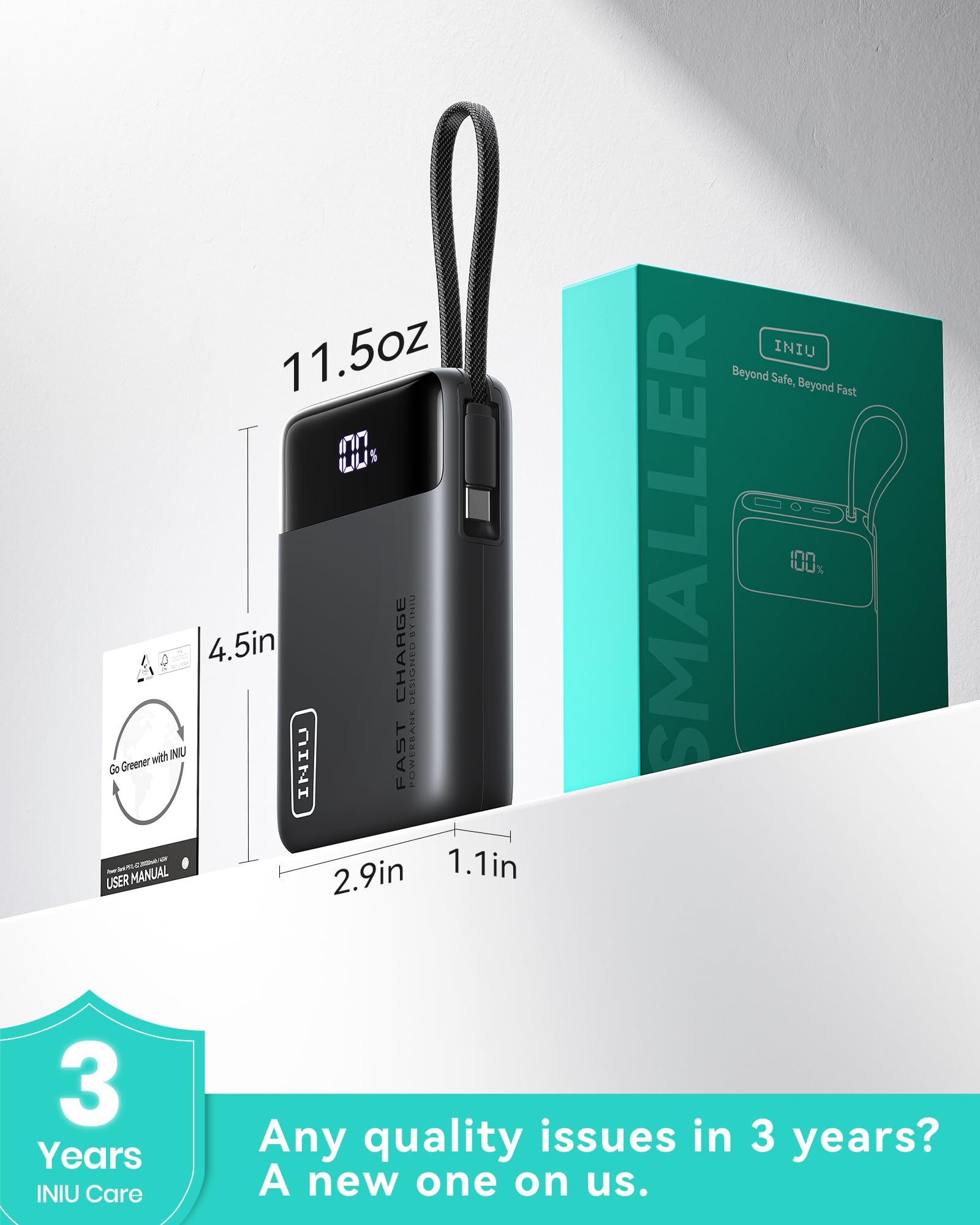 INIU 20000mAh Power Bank, Small Portable Charger, 45W PD Fast Charging Battery Pack with Build in USB-C Cable, Travel Phone Charger for iPhone 17 16 15 14 13 Air Samsung S25 S24 Google iPad Xiaomi etc - Image 7
