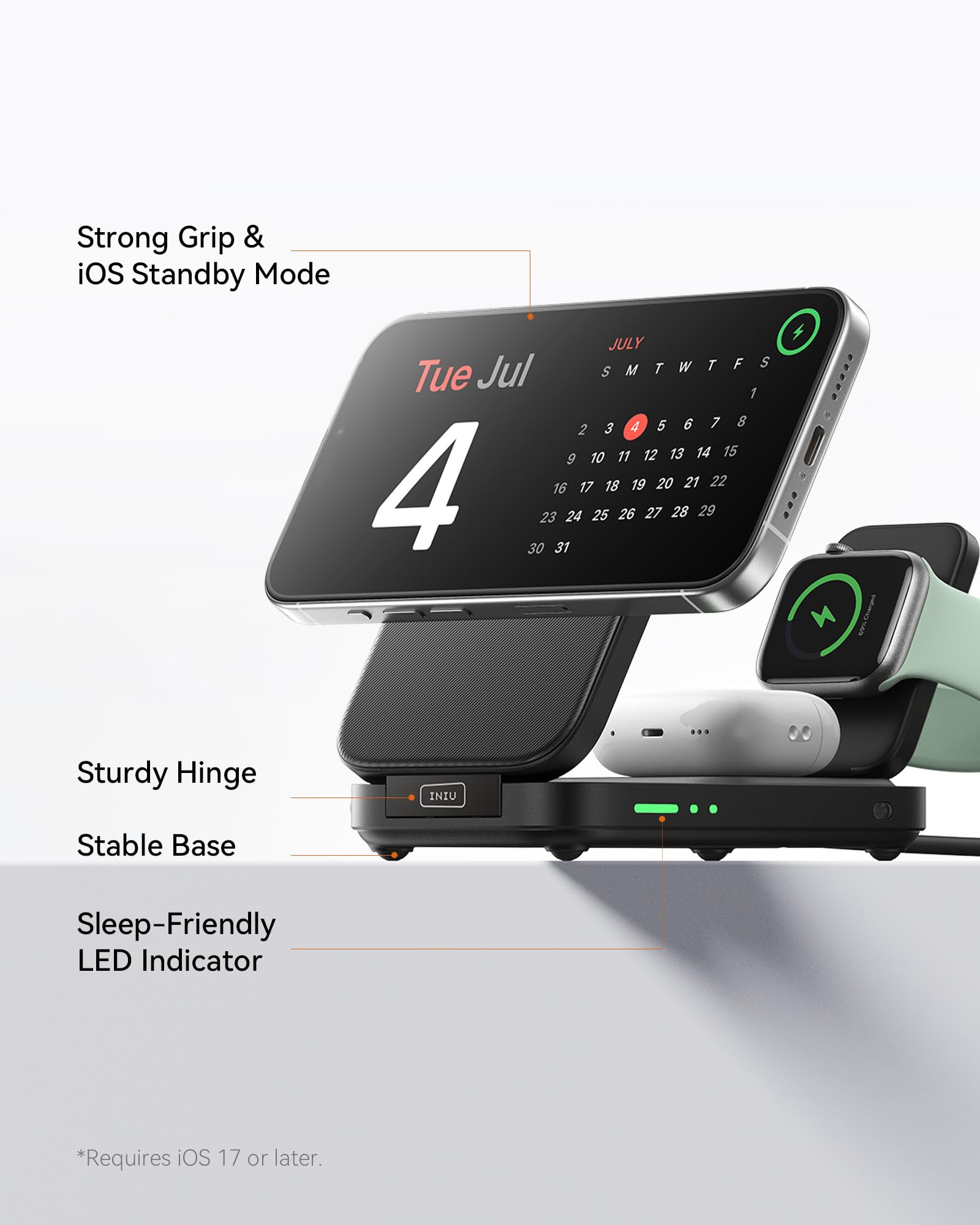 INIU 3-in-1 Charging Station for Apple Devices, Qi2 Certified 15W Ultra-Compact Foldable Magnetic Wireless Charger, Travel Mag-Safe Charger for iPhone 17 16 15 14 13 12, Apple Watch, AirPods 4 3 2 Pro - Image 5