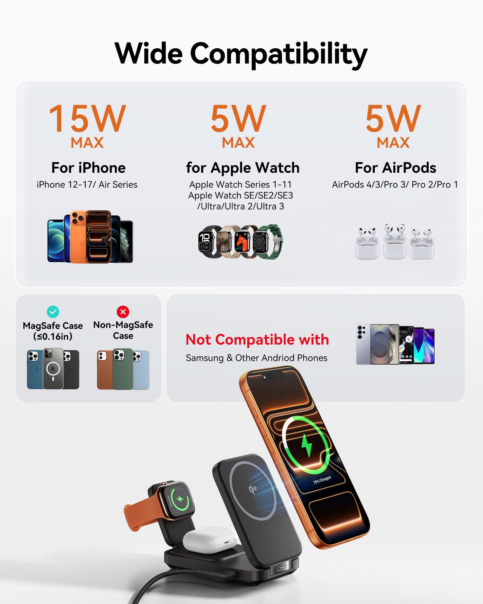 INIU 3-in-1 Charging Station for Apple Devices, Qi2 Certified 15W Ultra-Compact Foldable Magnetic Wireless Charger, Travel Mag-Safe Charger for iPhone 17 16 15 14 13 12, Apple Watch, AirPods 4 3 2 Pro - Image 7