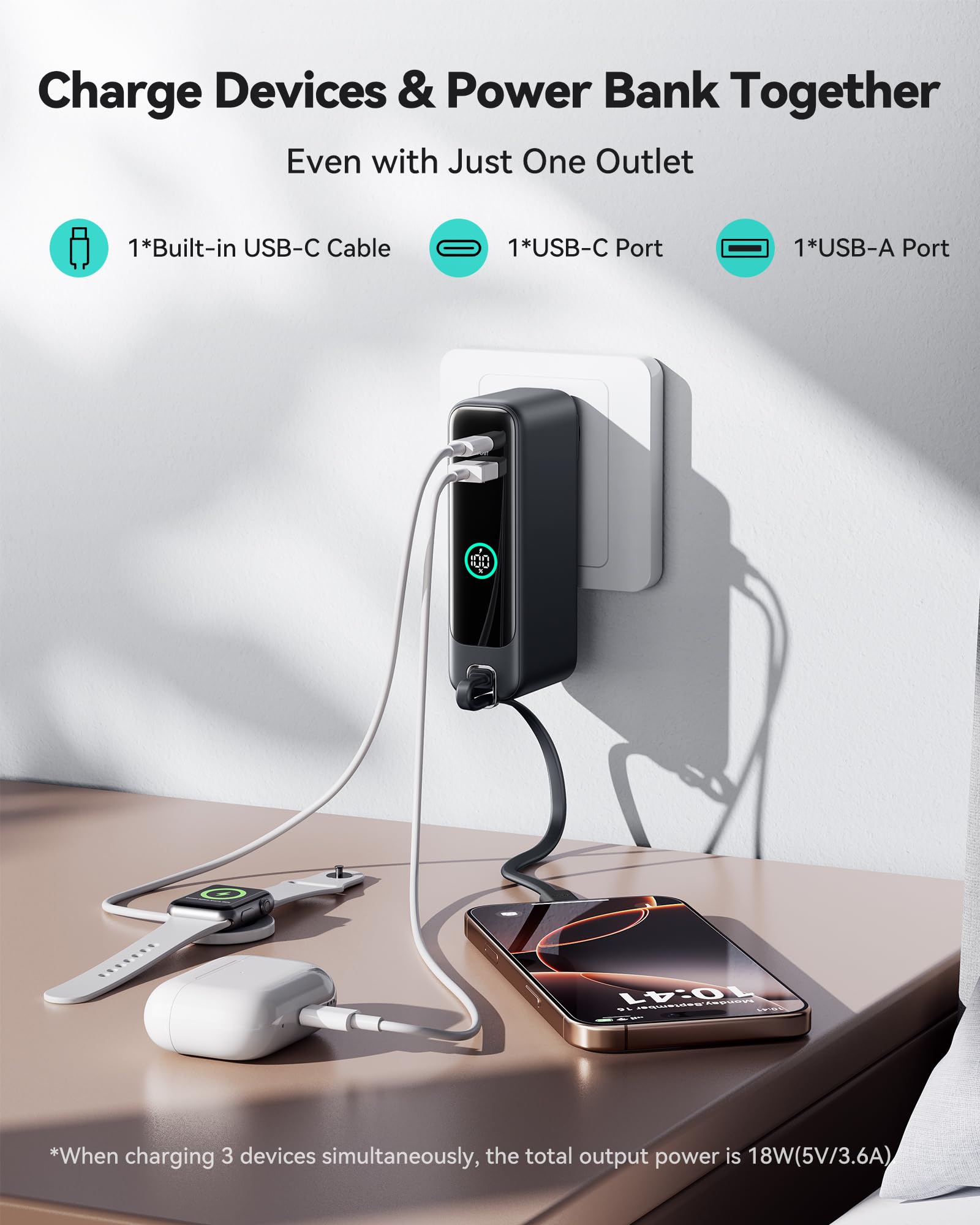 INIU 3-in-1 Portable Charger, 10000mAh 30W Fast Charging Power Bank, Built-in USB C Cable and Foldable AC Plug, Travel Essentials Battery Pack for iPhone 17 16 15, Samsung S25 S24, MacBook, and More - Image 5