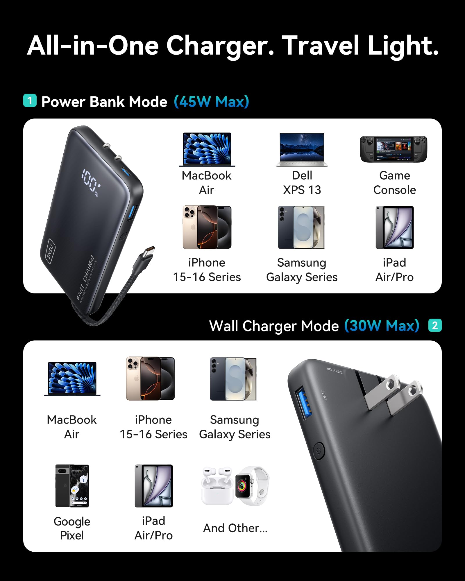 INIU 45W Portable Charger with Built-in AC Wall Plug & USB C Cable 10000mAh, Slimmest 3-in-1 30W GaN Wall Charger, Power Bank for Travel Essentials, for iPhone 17/16/15, Macbook Air, Samsung, iPad etc - Image 6