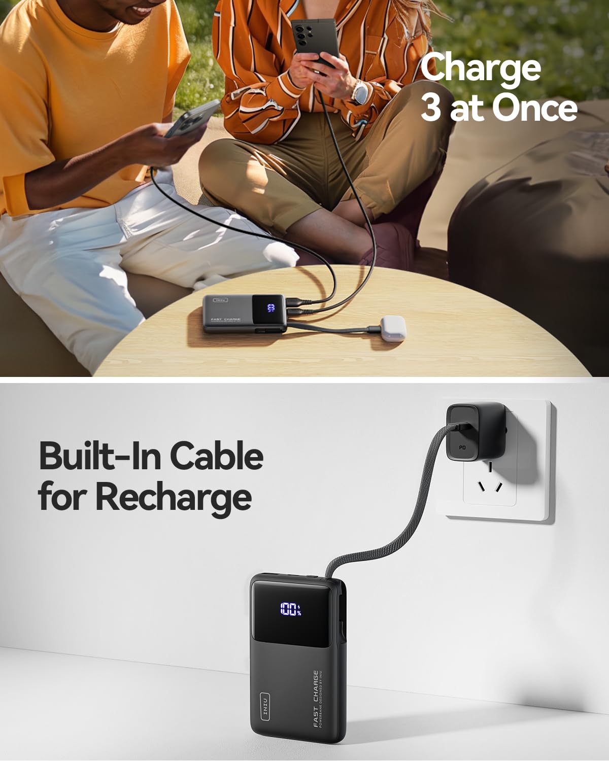 INIU 45W Power Bank, Slimmest 10000mAh Portable Charger with Built in USB-C Cable, Fast Charging USB C in&Out Battery Pack, Travel External Phone Charger for iPhone 17 16 15 Samsung S24 S23 Google etc - Image 6