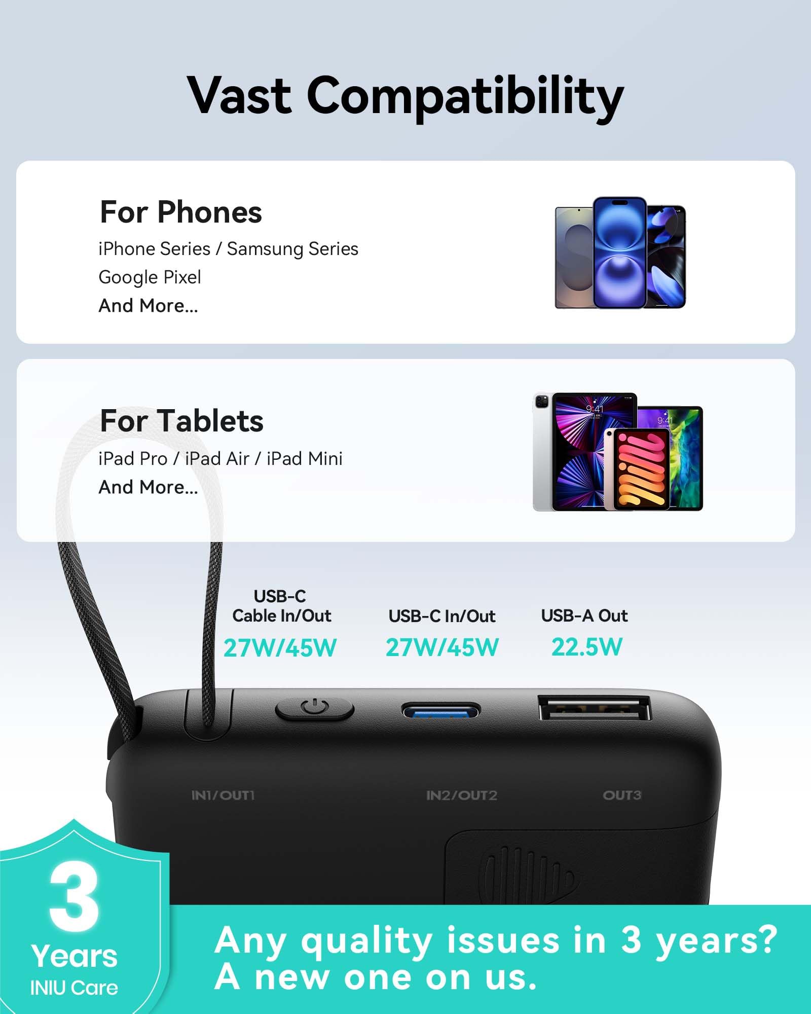 INIU 45W Power Bank, Slimmest 10000mAh Portable Charger with Built in USB-C Cable, Fast Charging USB C in&Out Battery Pack, Travel External Phone Charger for iPhone 17 16 15 Samsung S24 S23 Google etc - Image 7