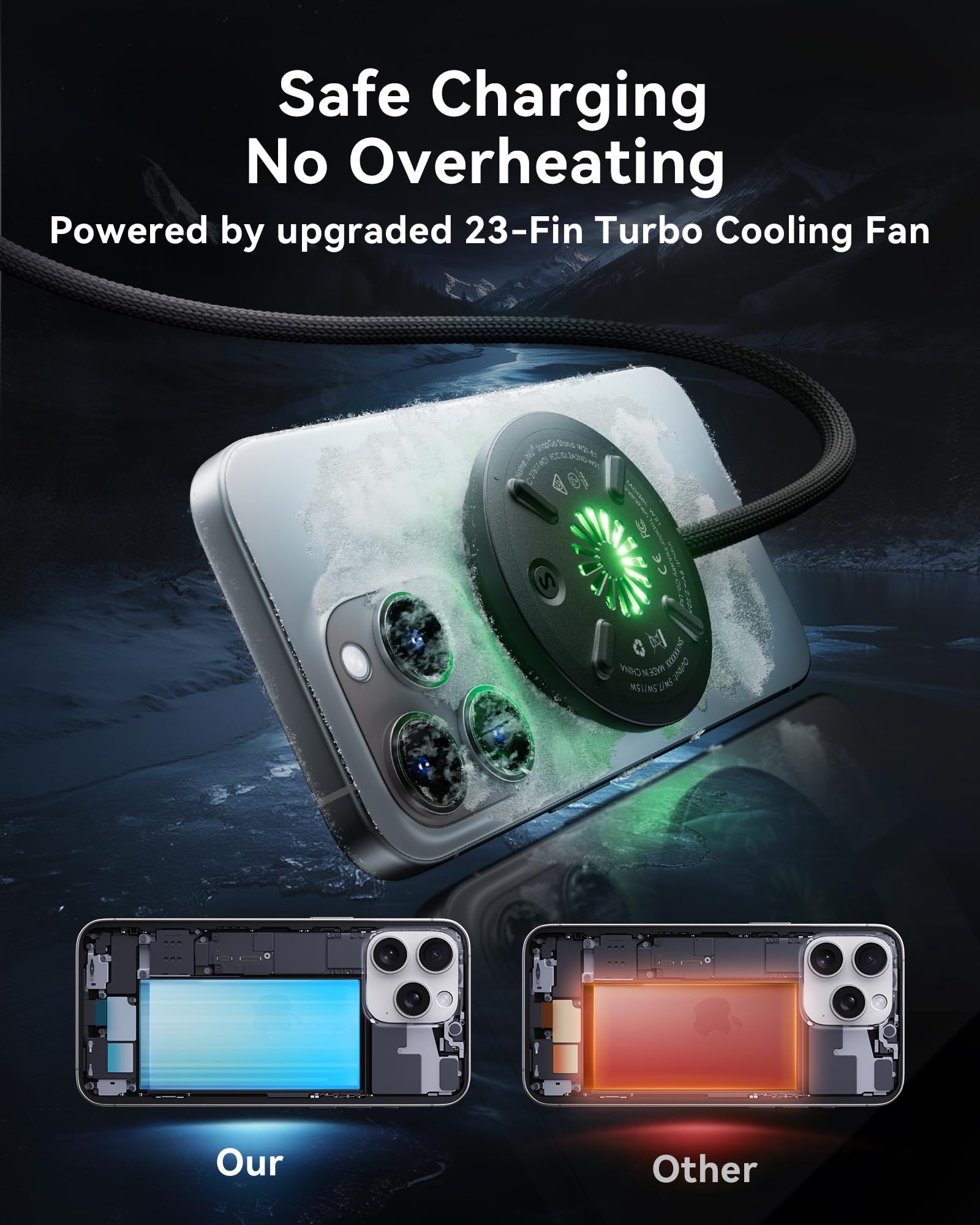 INIU Magnetic Wireless Charger, Qi2 Certified 15W Fast Mag-Safe Wireless Charging Pad with Cooling Fan, Only for iPhone 17 16 15 14 13 12 Series, AirPods, and More (Adapter Included) - Image 3