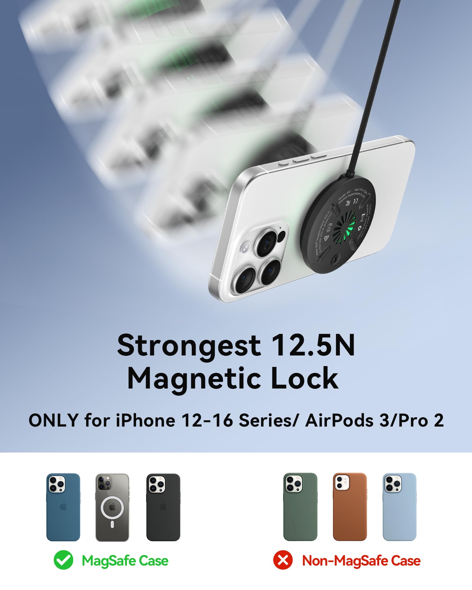 INIU Magnetic Wireless Charger, Qi2 Certified 15W Fast Mag-Safe Wireless Charging Pad with Cooling Fan, Only for iPhone 17 16 15 14 13 12 Series, AirPods, and More (Adapter Included) - Image 5