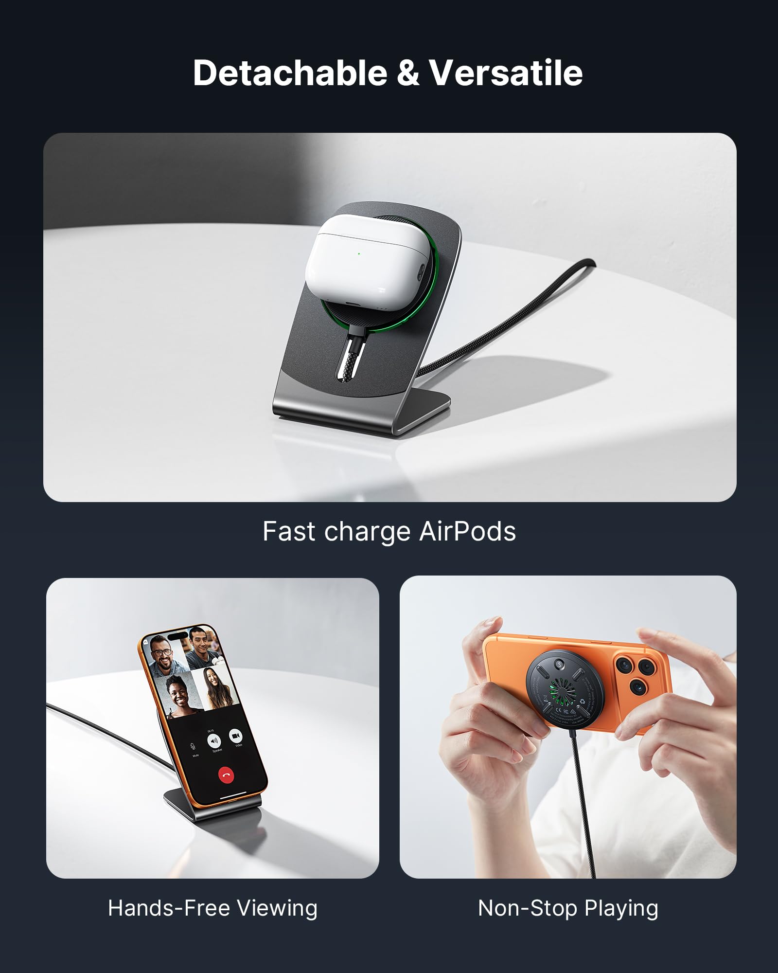 INIU Magnetic Wireless Charger Stand, Qi2 Certified 15W Mag-Safe Wireless Charging Pad with Cooling Fan, Fast Charging Pad for iPhone 17 16 15 14 13 12 Series AirPods 4 3 2 Pro (with Adapter) - Image 4