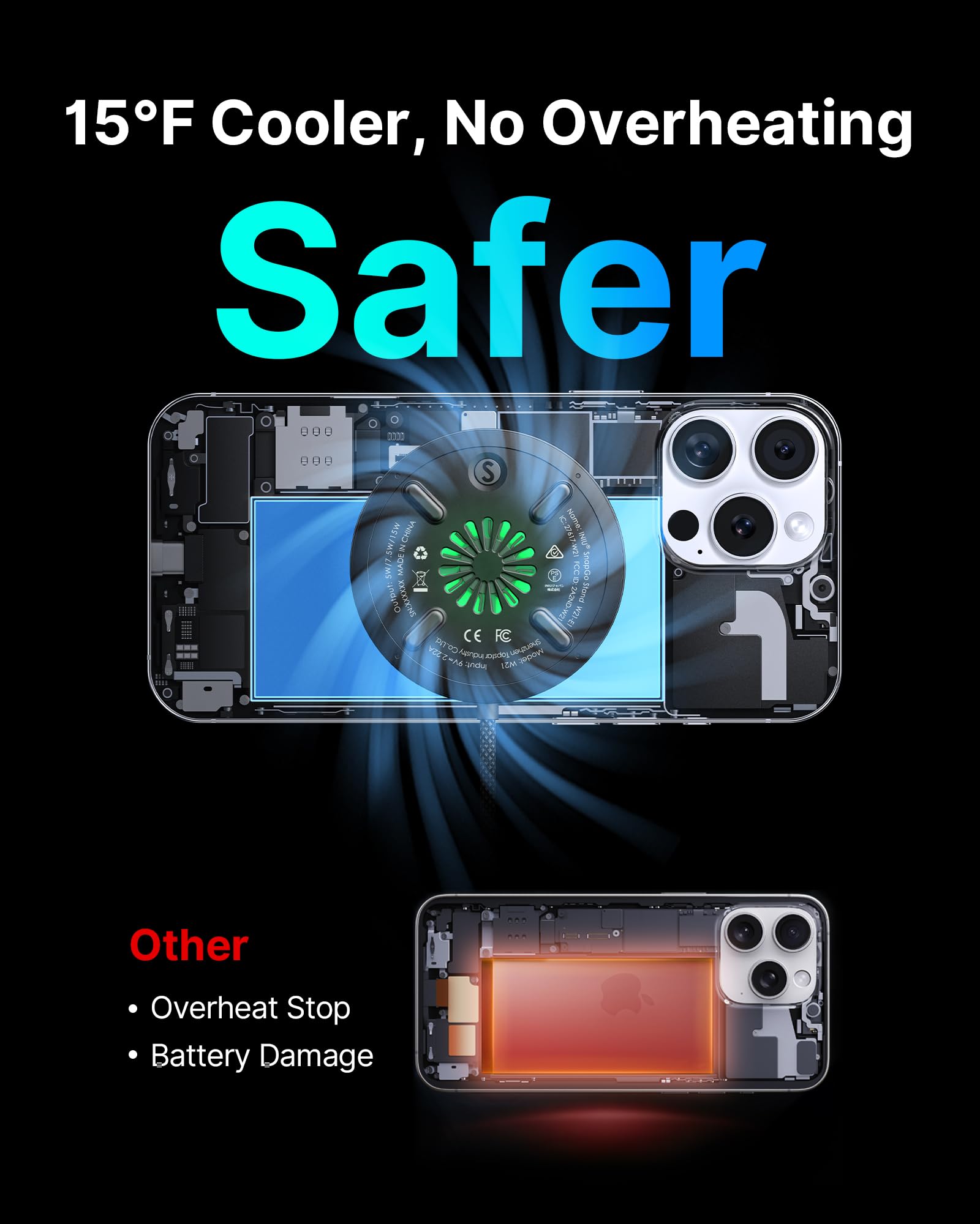 INIU Magnetic Wireless Charger Stand, Qi2 Certified 15W Mag-Safe Wireless Charging Pad with Cooling Fan, Fast Charging Pad for iPhone 17 16 15 14 13 12 Series AirPods 4 3 2 Pro (with Adapter) - Image 5