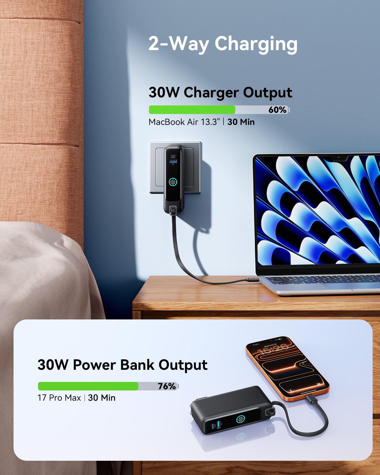 INIU Portable Charger, 10000mAh 30W Fast Charging Power Bank, Built-in USB C Cable and Foldable AC Plug, Travel Essentials Battery Pack for iPhone 16 15, Samsung S25 S24, MacBook - Image 3