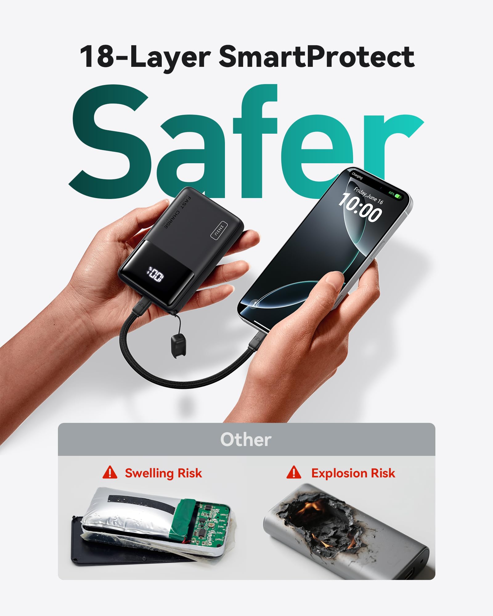 INIU Small Portable Charger, 45W PD Fast Charging 10000mAh Power Bank, Battery Pack with Attached USB C Cable, Travel Essentials Powerbank for iPhone 17 16 15 14 Pro Air, Xiaomi, Samsung S25 S24 etc - Image 6