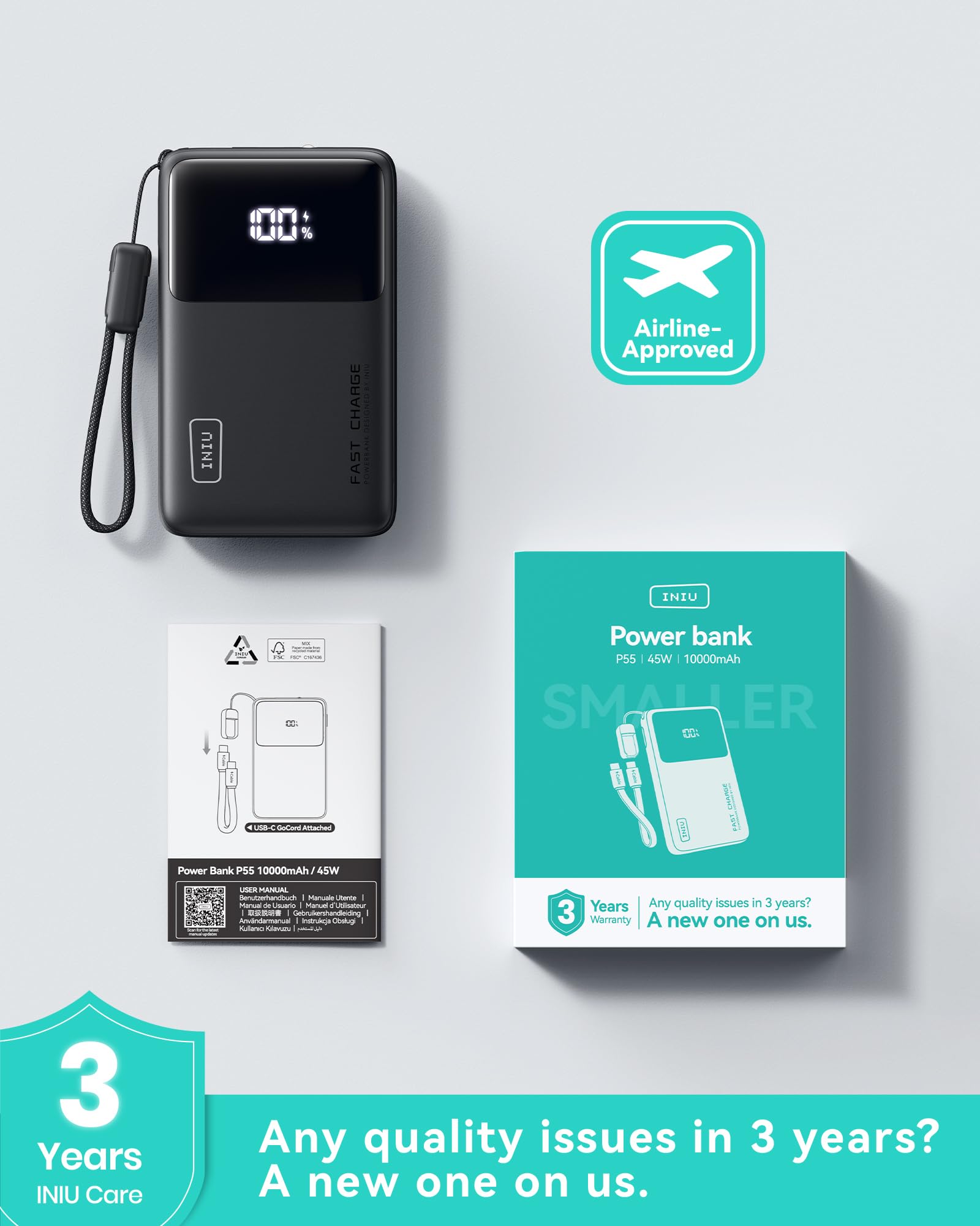 INIU Small Portable Charger, 45W PD Fast Charging 10000mAh Power Bank, Battery Pack with Attached USB C Cable, Travel Essentials Powerbank for iPhone 17 16 15 14 Pro Air, Xiaomi, Samsung S25 S24 etc - Image 8