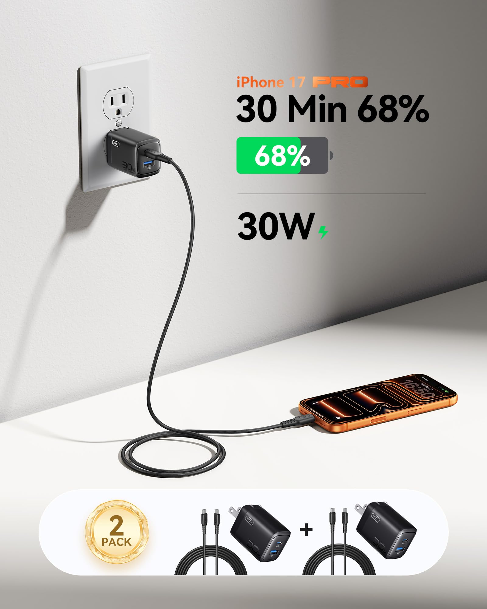 INIU Ultra Small 10000mAh 45W PD Power Bank & 30W [2-Pack] GaN Fast Charging Wall Charger Combo - Image 7