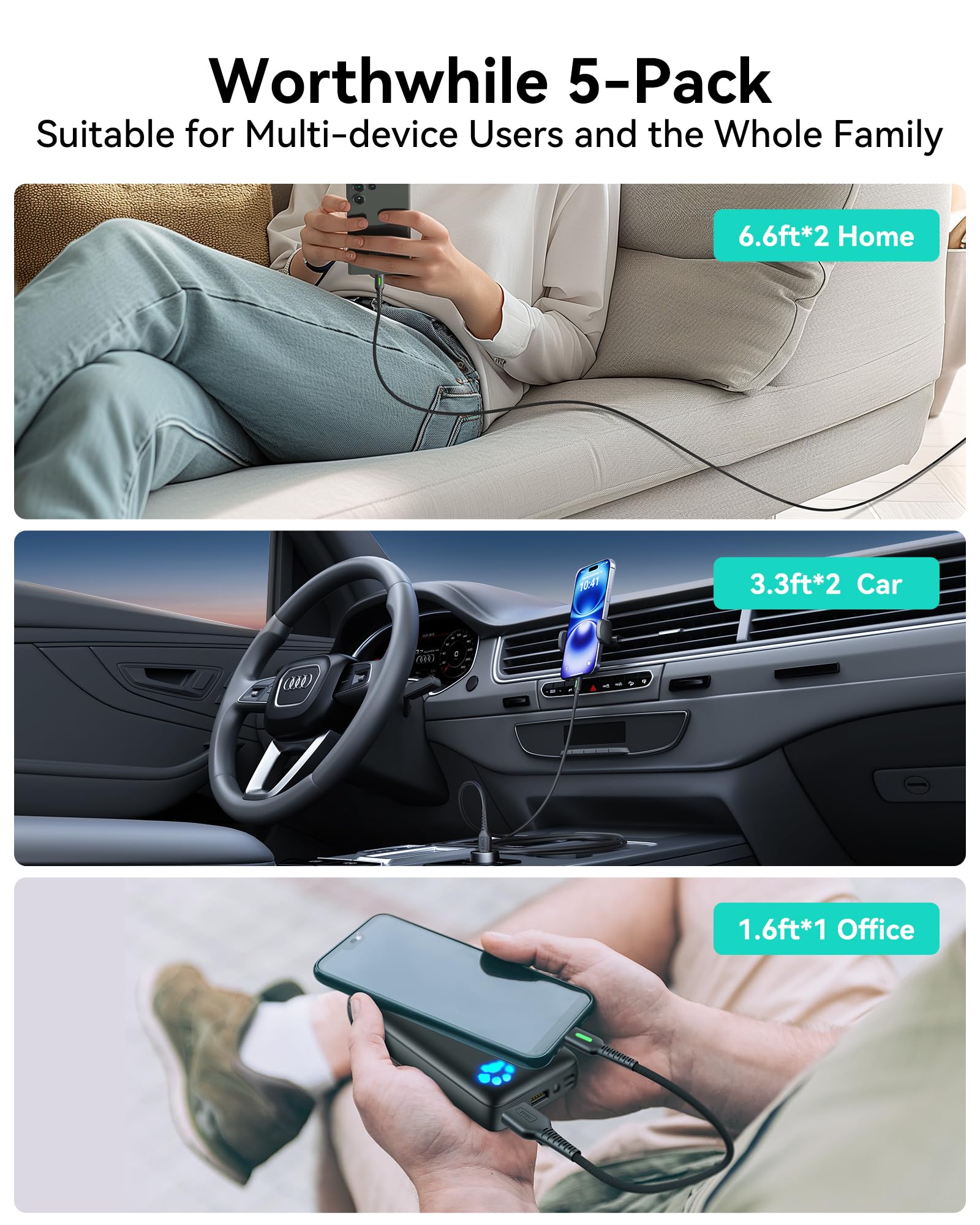 INIU USB C Cable, 5-Pack [1.6/3.3/6.6 ft] 3.1A Fast Charging Type C Cord, Nylon Braided USB A to USB-C Phone Charger Cable for iPhone 16 15 Series Samsung Galaxy S21 S20 S10 Google Pixel 7 6 etc - Image 3