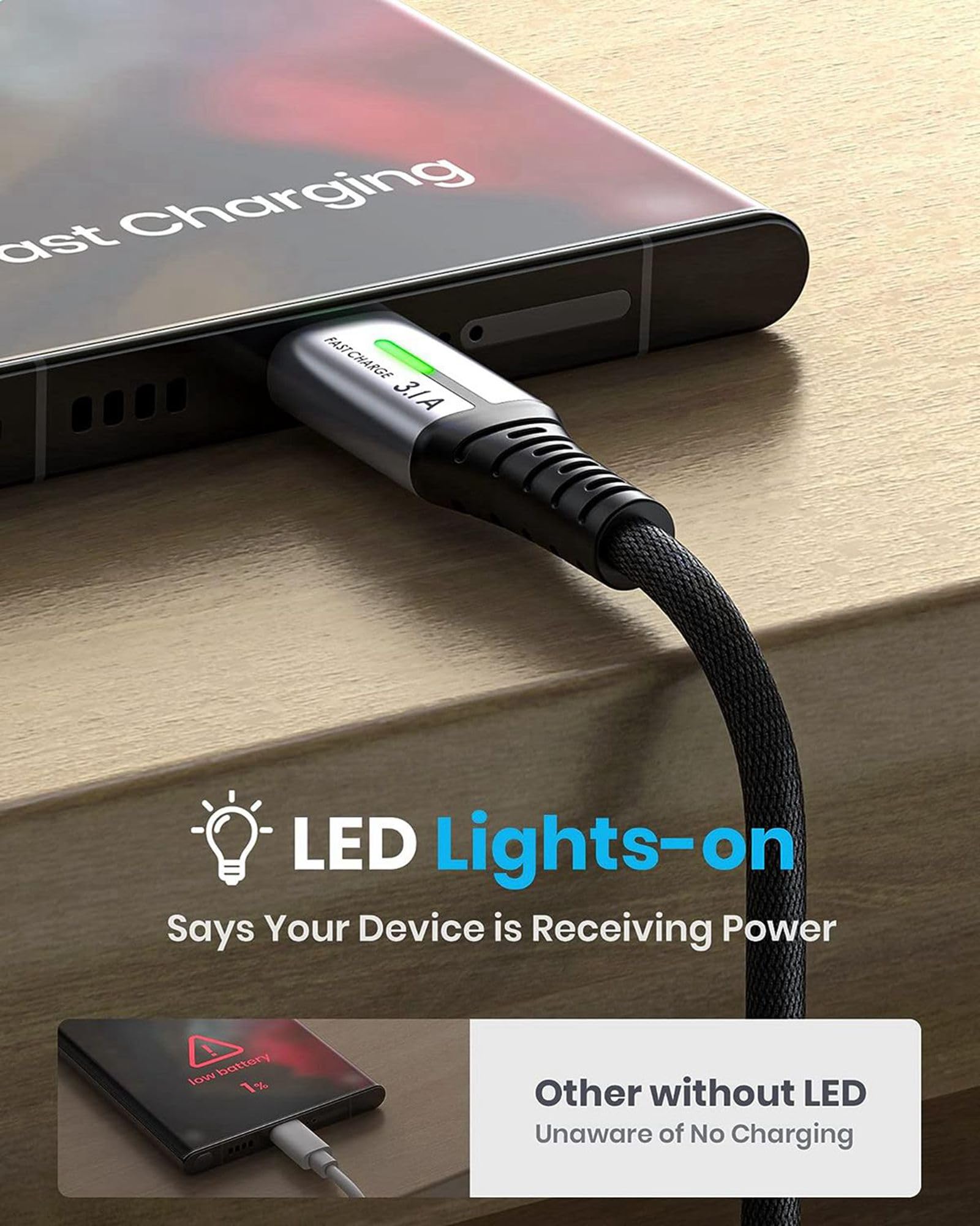 INIU USB C Charger Cable 6.6ft, 3.1A USB A to Type C Fast Charging Cable, Zinc Alloy Braided USB-C Data Cord for iPhone 15 Pro Max Samsung S24 S21 S10 A15 Google Pixel 7 LG V30 Moto, etc. - Image 6