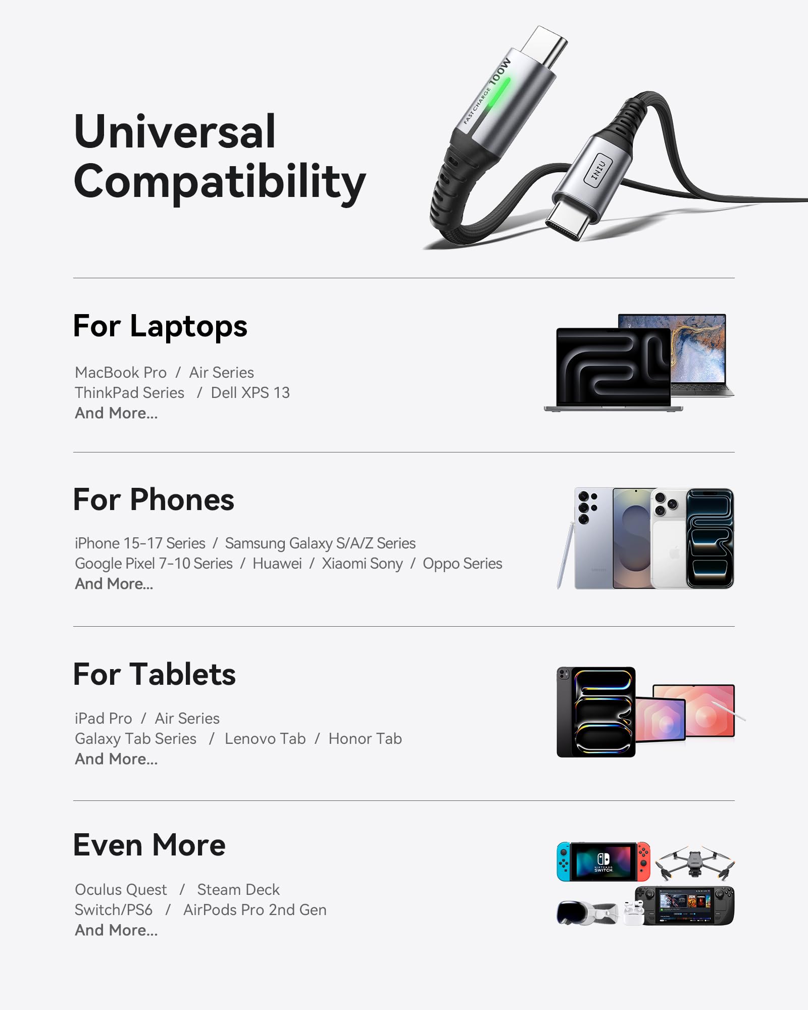 INIU USB C to USB C Cable, (6.6ft, 2-Pack) 100W USB C to C Fast Charging Cord, Braided Type C Charger Cable for iPhone 16 Pro Max 15 Plus Samsung Galaxy S24 S21 S10 Note 10 MacBook iPad Kindle etc. - Image 5