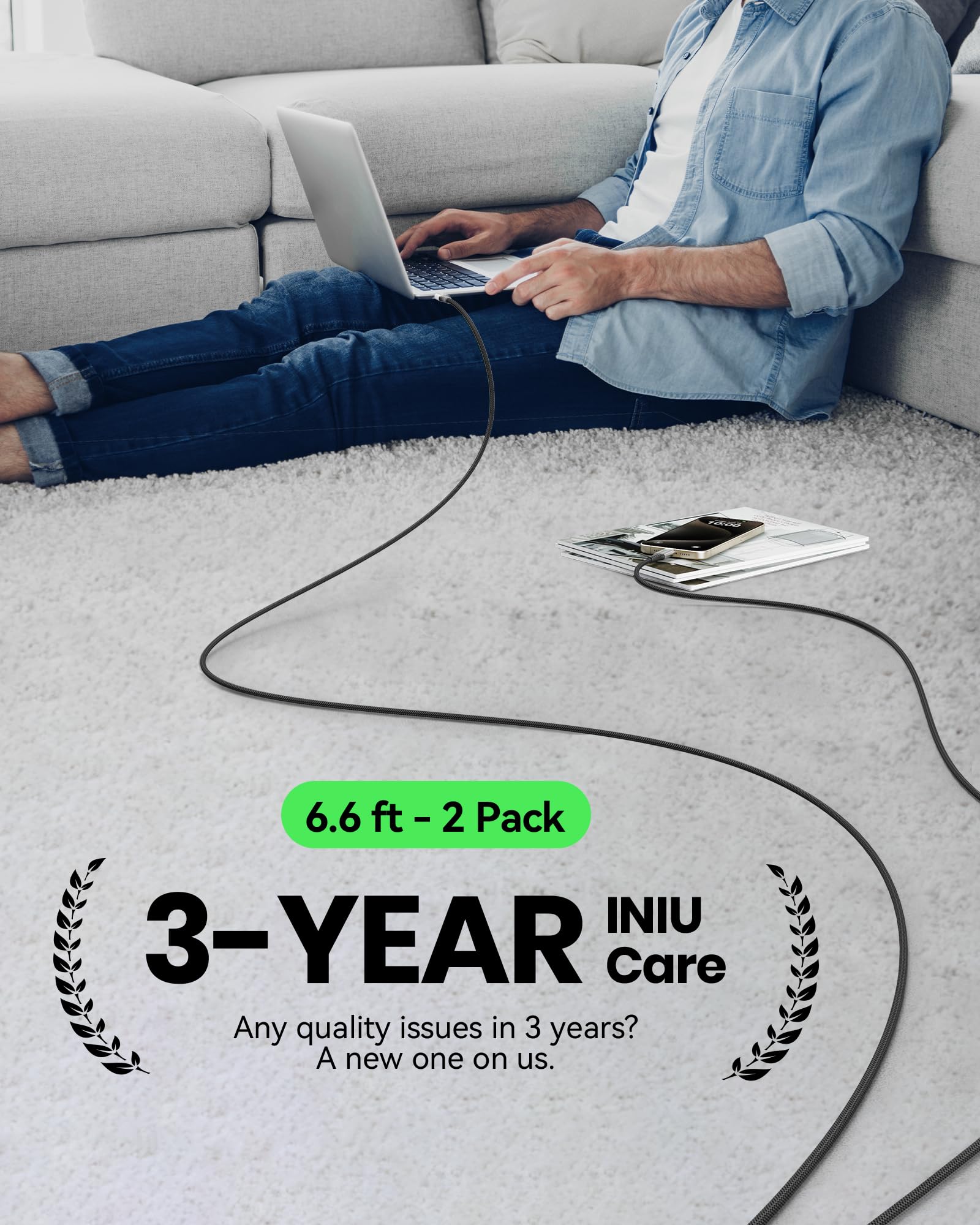INIU USB C to USB C Cable, (6.6ft, 2-Pack) 100W USB C to C Fast Charging Cord, Braided Type C Charger Cable for iPhone 16 Pro Max 15 Plus Samsung Galaxy S24 S21 S10 Note 10 MacBook iPad Kindle etc. - Image 7