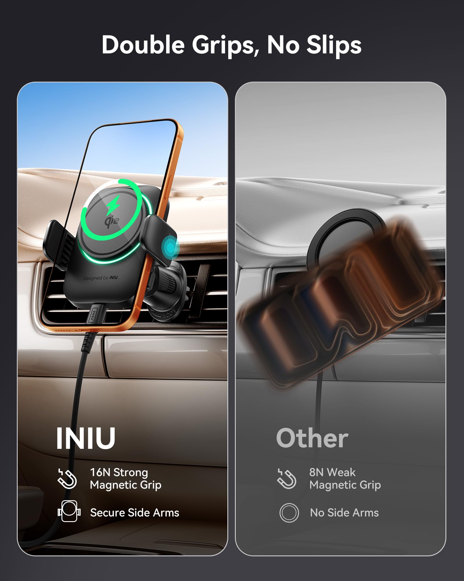INIU Wireless Car Charger, Qi2 Certified Car Phone Holder for Magsafe, 15W Fast Charging Magnetic Car Mount Charger Auto Clamping Car Accessories Air Vent for iPhone 17 16 15 14 13 12 Pro Max Air etc - Image 3